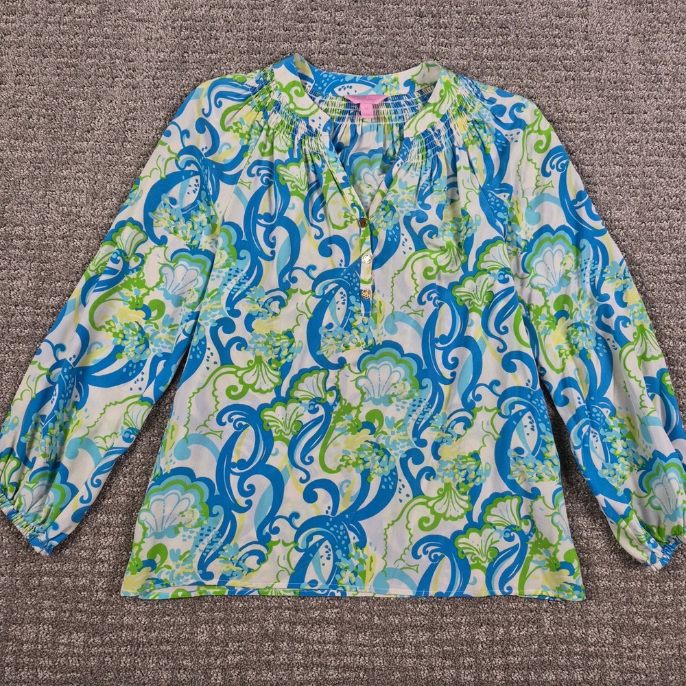 Lilly Pulitzer Elsa Top Women XS Blue Green Silk Crystal Coast Print Blouse